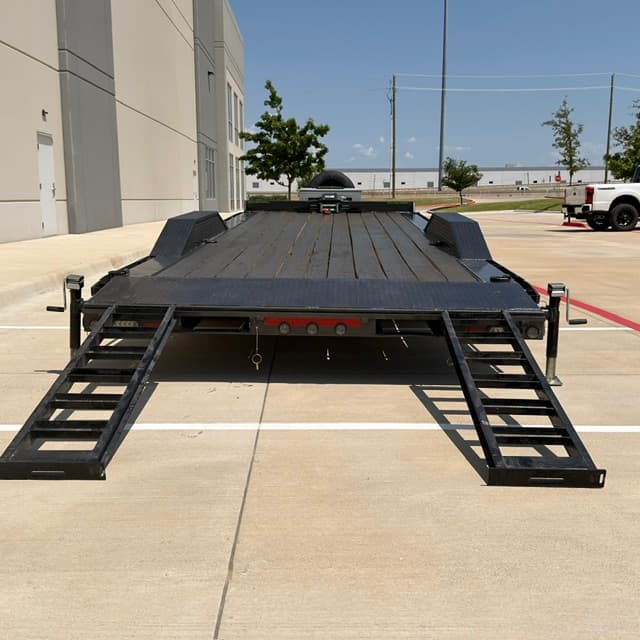 24ft equipment trailer rental Fort Worth TX - rear view with dual fold-down loading ramps extended
